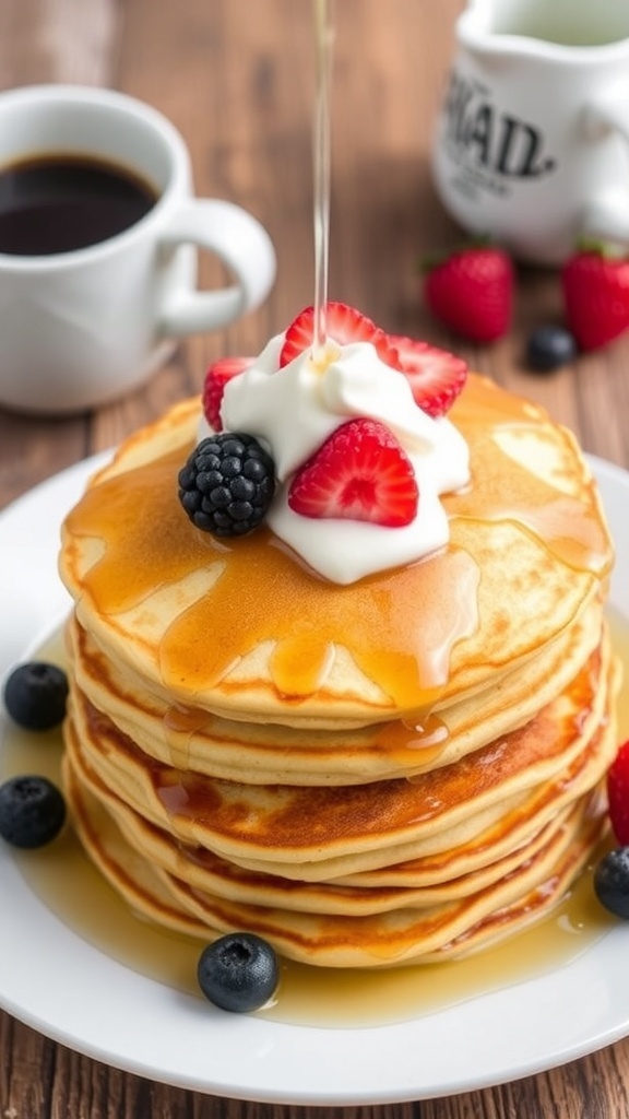 Fluffy zero carb pancakes topped with whipped cream and berries on a white plate.